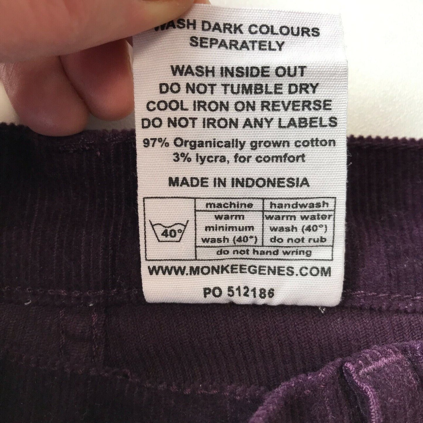 MONKEE GENES Dark Purple Skinny Fit Corduroy Organic Cotton Trousers W28