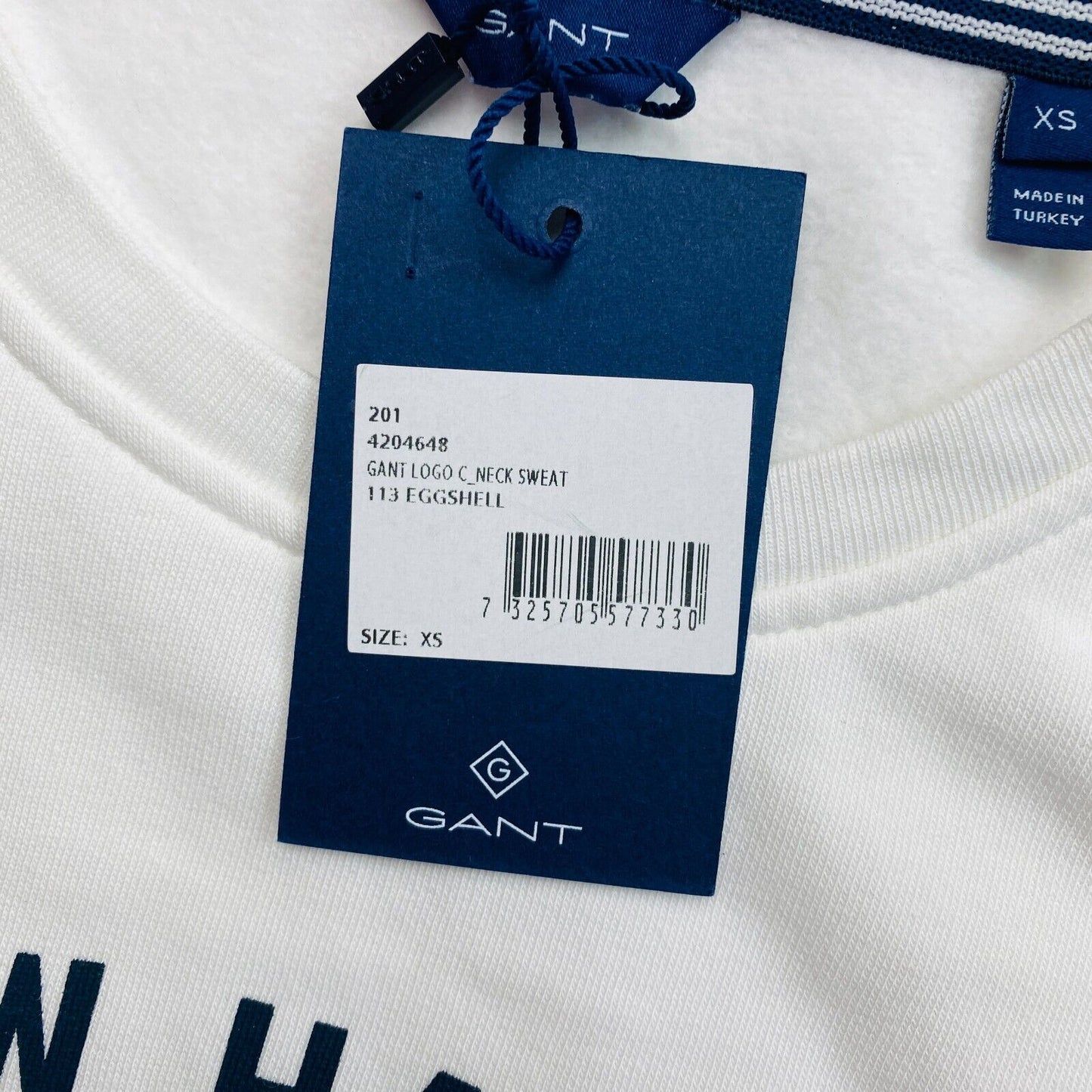 GANT Weißer Pullover mit Rundhalsausschnitt und Logo, Größe XS