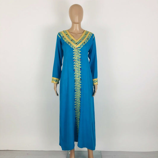 Unbranded Handmade Blue Gold Embroidered Kaftan Long Tunic Dress Size M