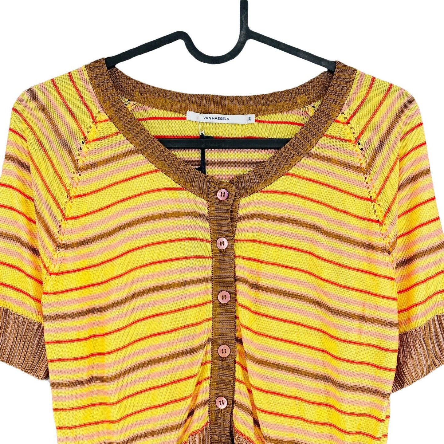 VAN HASSELS Striped Yellow Knit Cardigan Jumper Size EU 38 40 UK 10 12 US 8 10