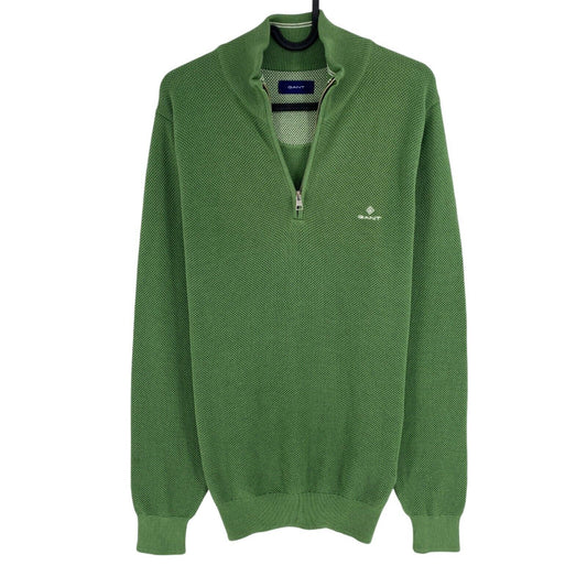 GANT Men Green Cotton Pique Half Zip Sweater Jumper Size M