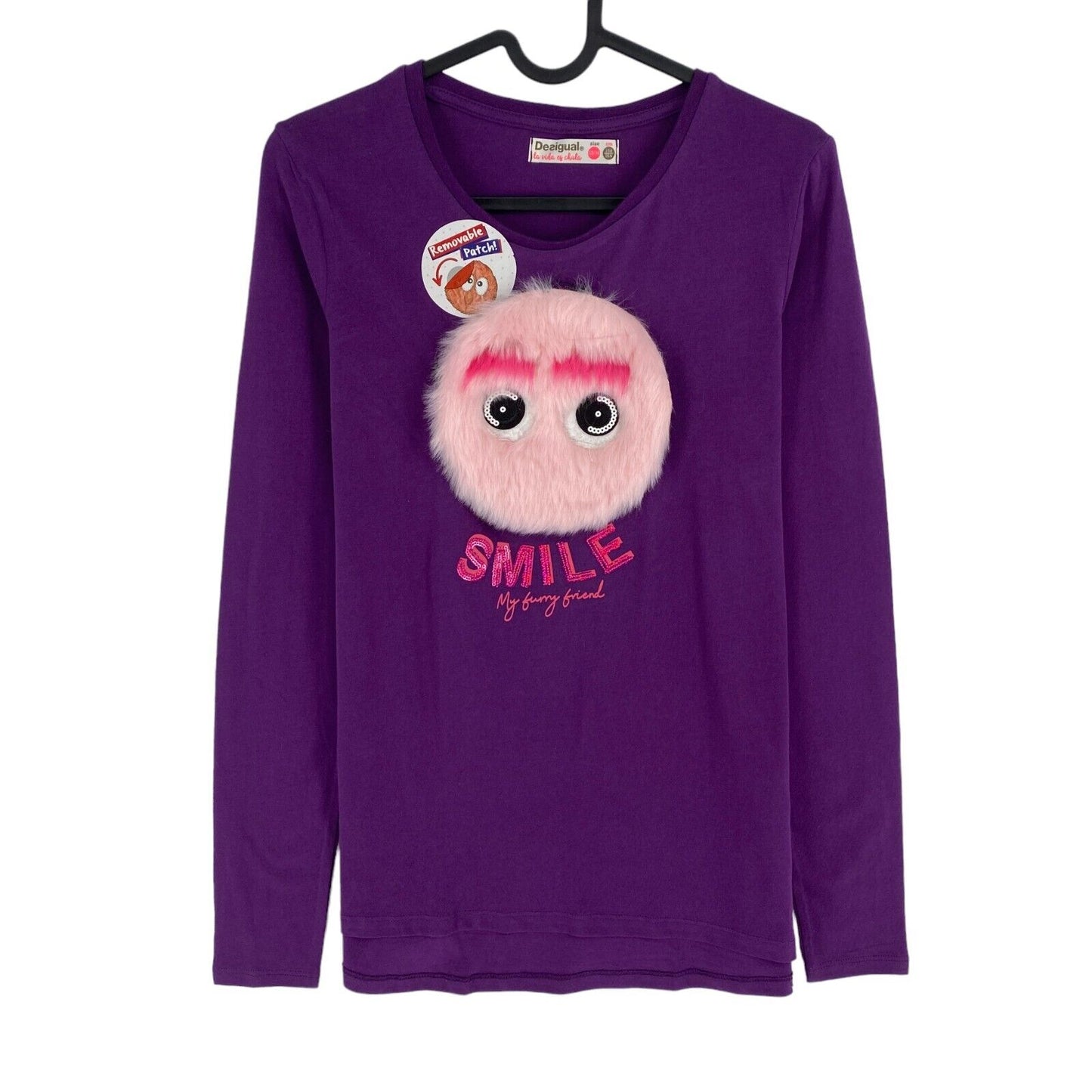 DESIGUAL Girls Purple With Patch Crew Neck T Shirt Size 13-14Years 158/164 cm