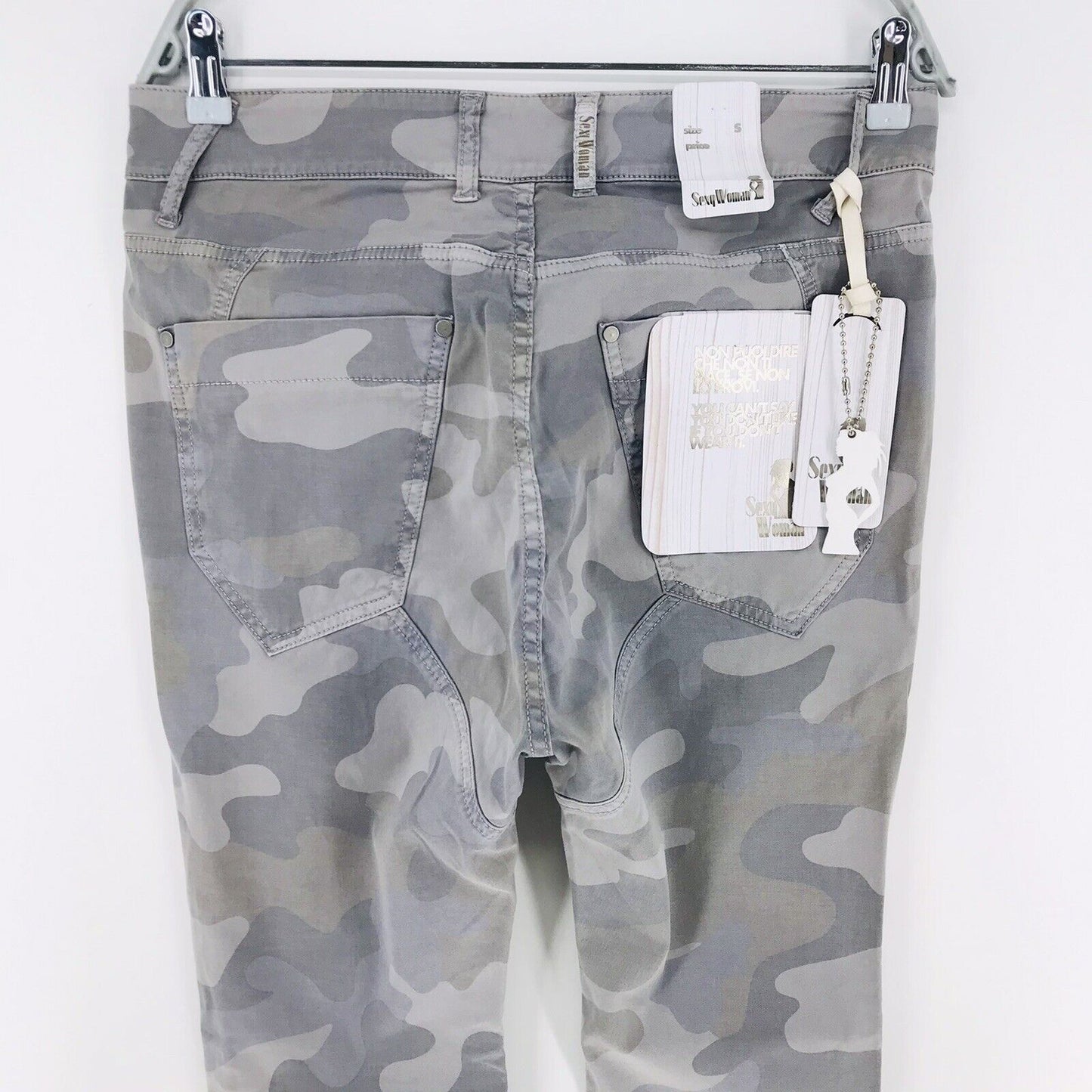 RRP €144 SEXY WOMAN Grey Stretch Regular Straight Fit Camouflage Trousers Size S