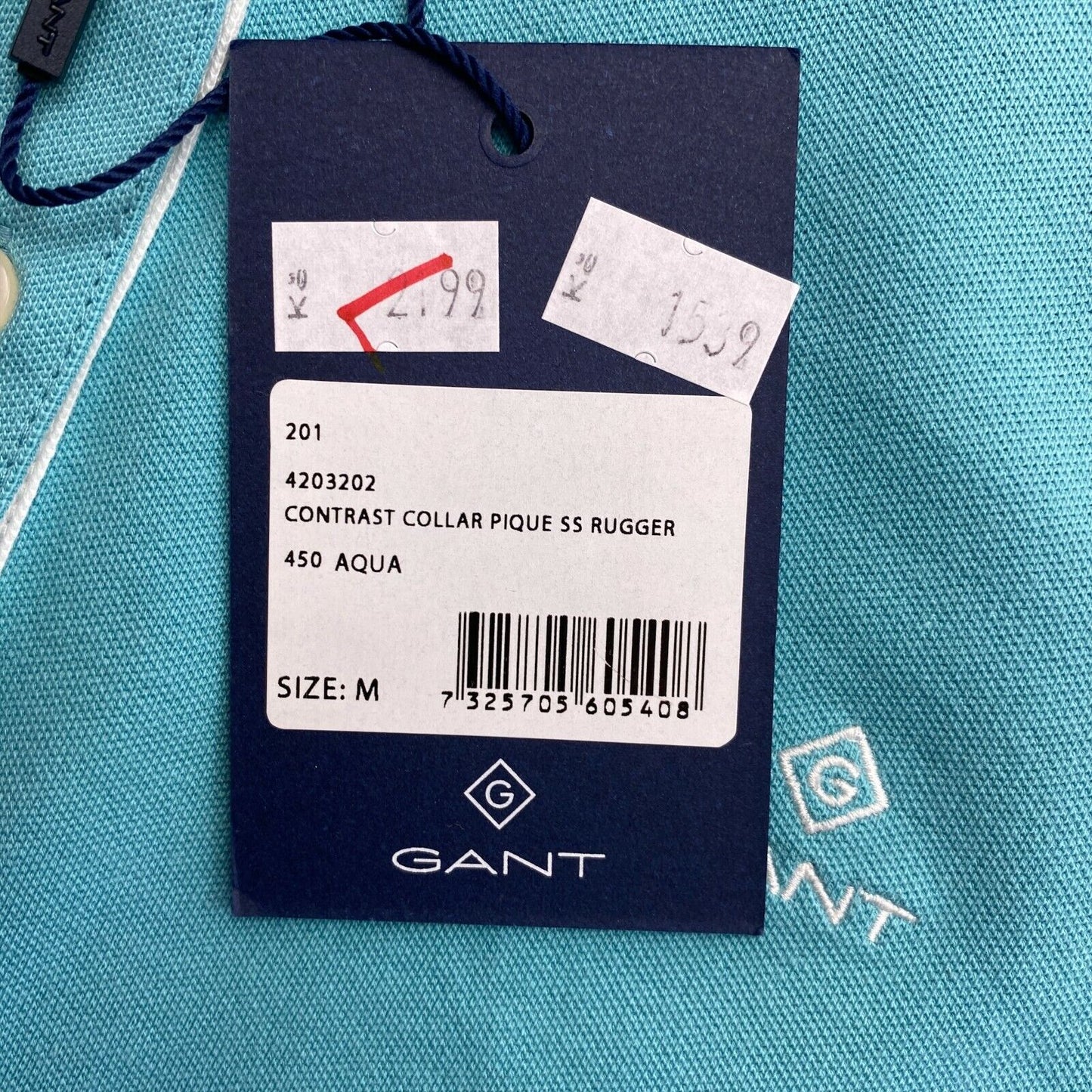 GANT Light Blue Contrast Collar Pique Rugger Polo Shirt Size M