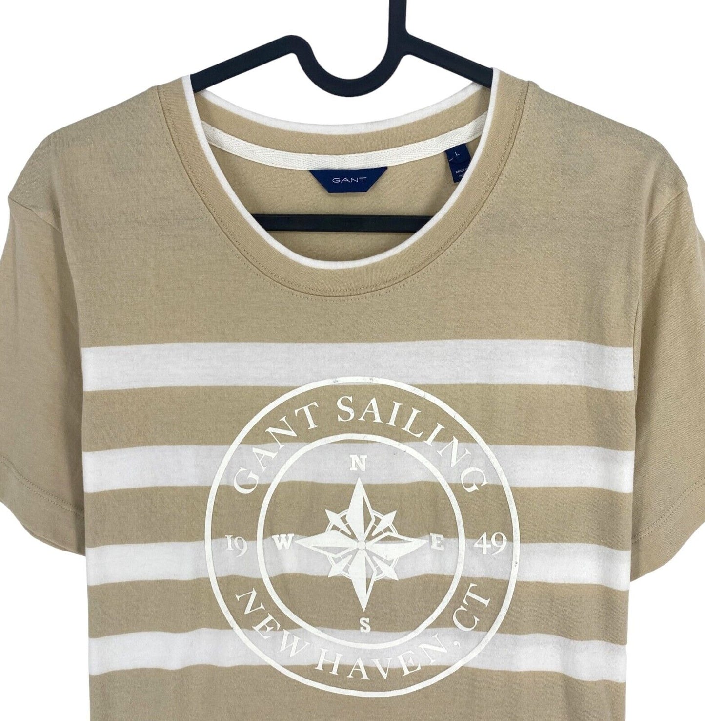 GANT Women Beige Printed Striped Crew Neck Short Sleeve T Shirt Size L