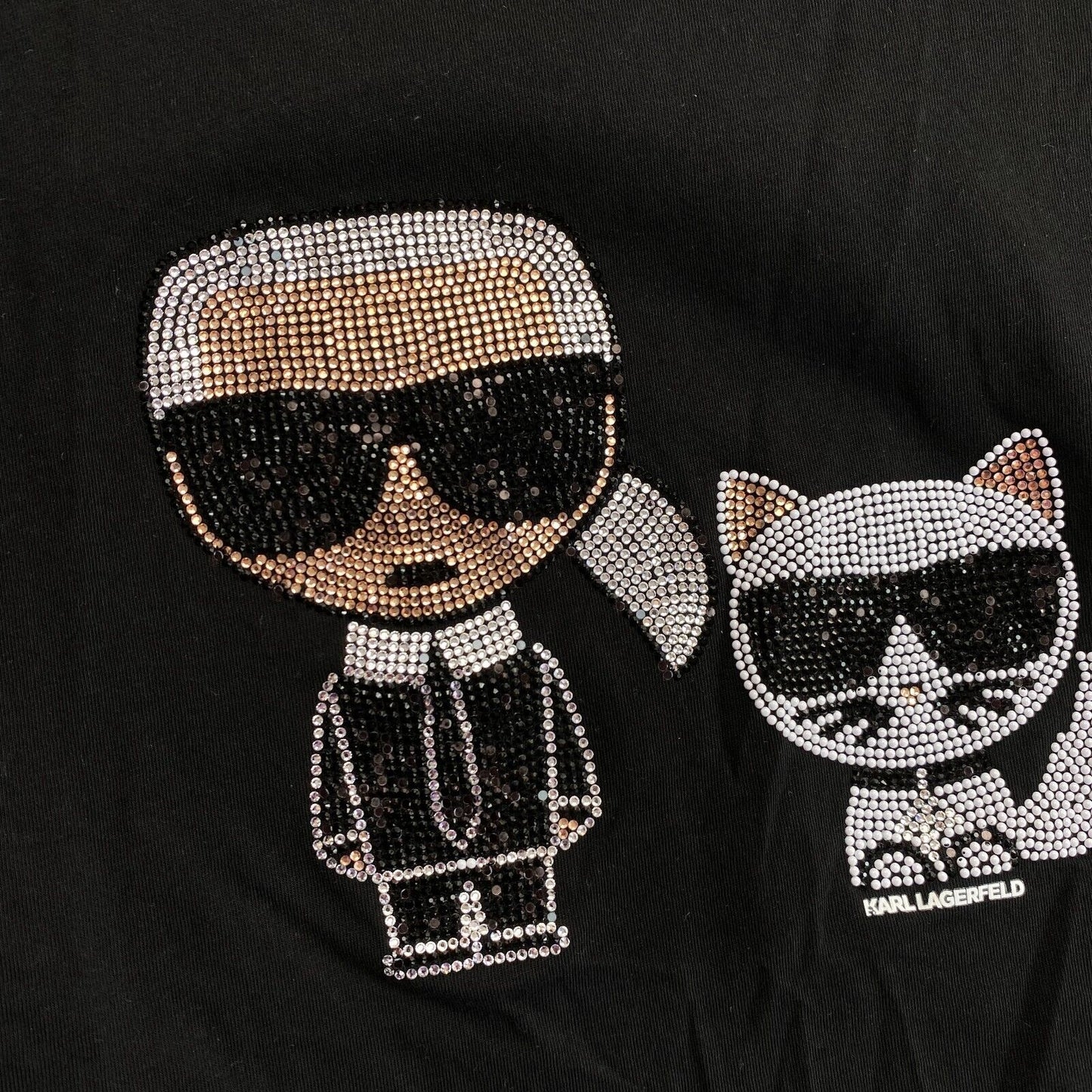 Karl Lagerfeld Black Ikonik Rhinestone Karl Choupette Crew Neck T Shirt Size XS