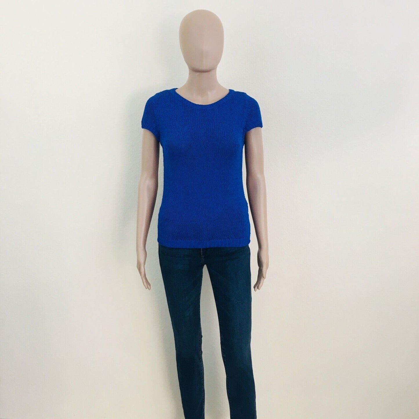 ZARA Blue Round Neck Cotton Knit T Shirt Top Jumper Size S