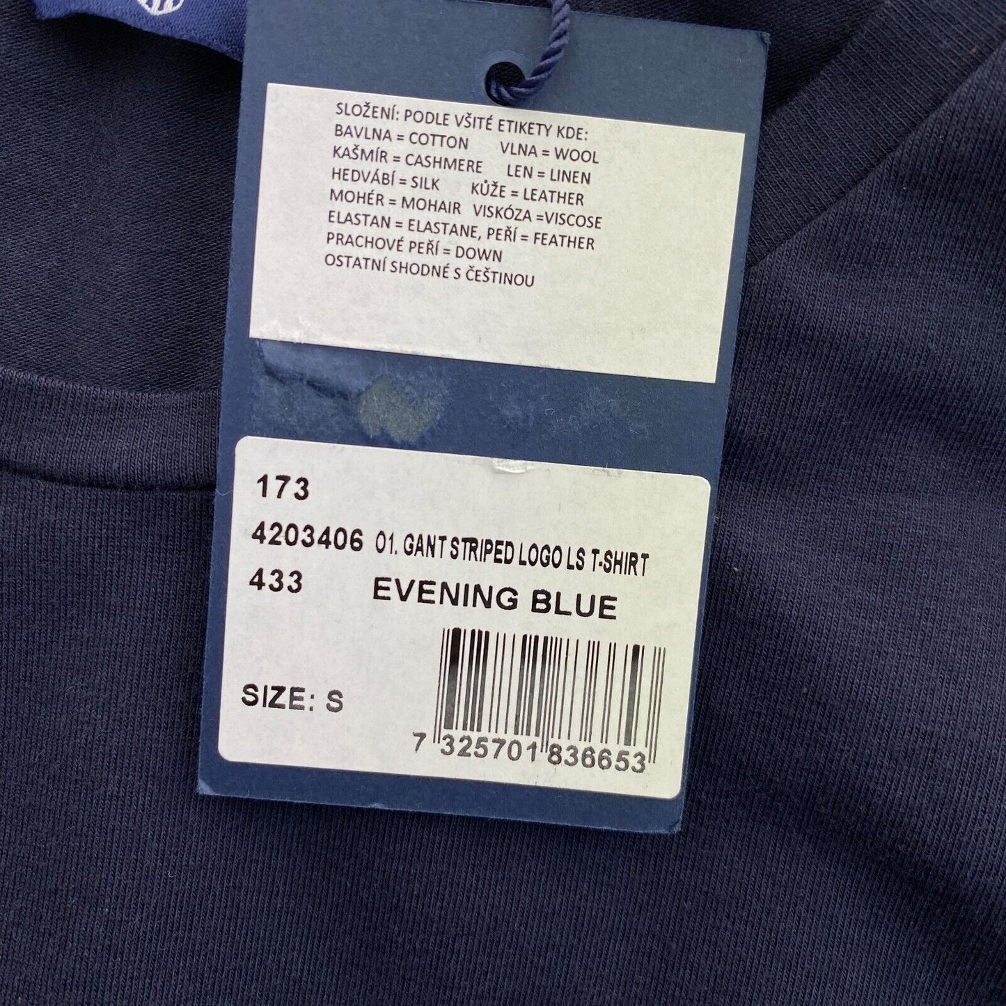 GANT T-Shirt mit Rundhalsausschnitt und langen Ärmeln, dunkelblau, gestreiftes Logo, Größe S