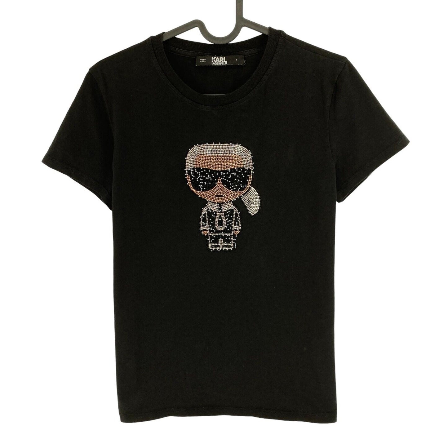 Karl Lagerfeld Schwarzes Ikonik Strass Karl Rundhals-T-Shirt Größe S