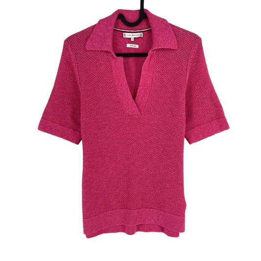 Tommy Hilfiger Women Pink Cotton Linen Textured Polo Shirt Size S