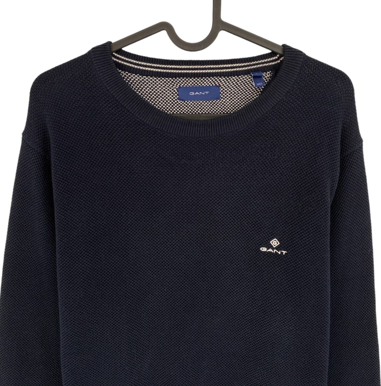 GANT Men Navy Blue Cotton Pique Crew Neck Sweater Jumper Size L