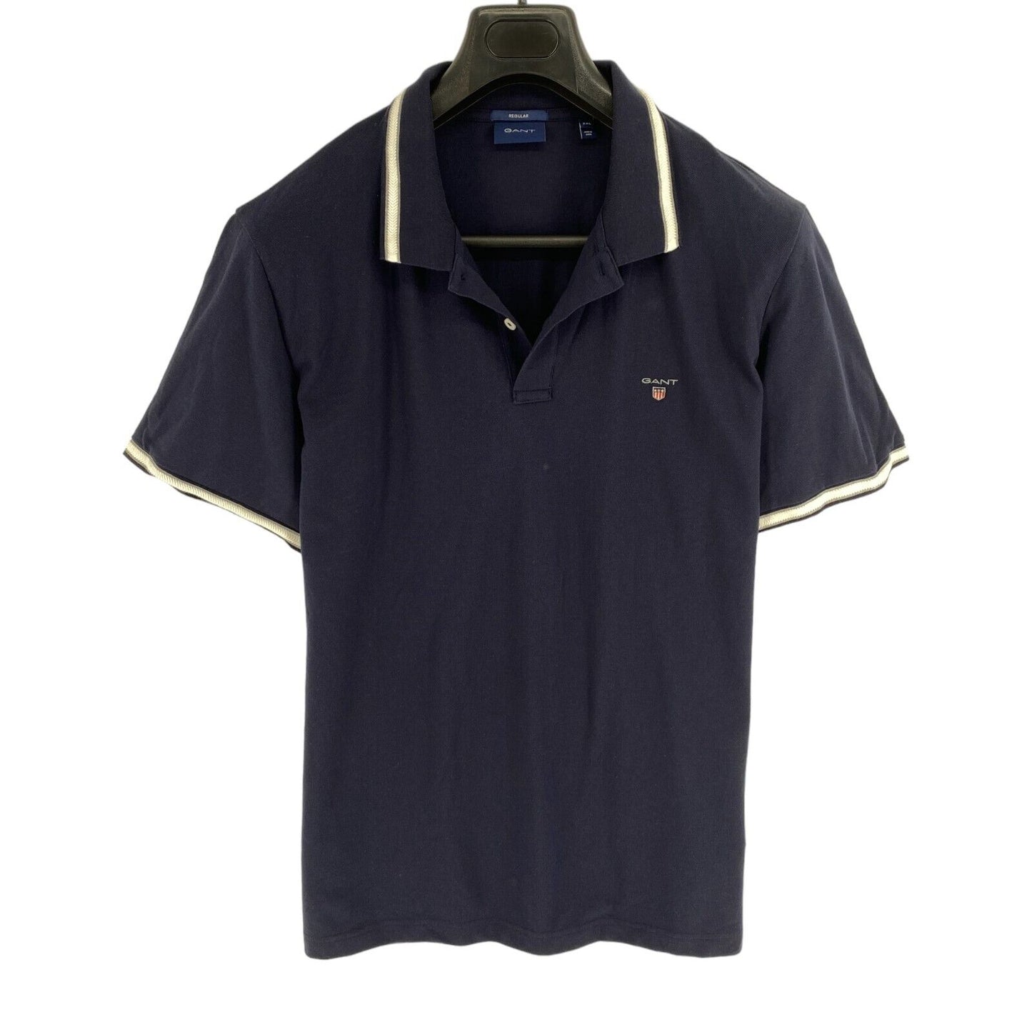 GANT Men Navy Blue Herringbone Tipping Pique Short Sleeve Polo Shirt Size 2XL