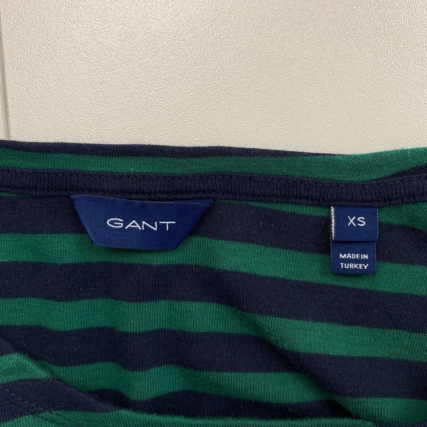 GANT Green Striped 1x1 Rib Long Sleeves Scoop Neck T Shirt Size XS