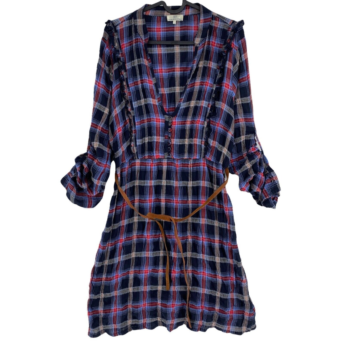 D.E.P.T. Plaid Navy Blue Deep V-Neck Shirt Dress Size L