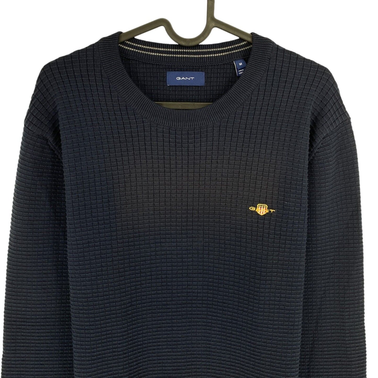 GANT Men Navy Blue Cotton Texture Crew Neck Sweater Jumper Size M