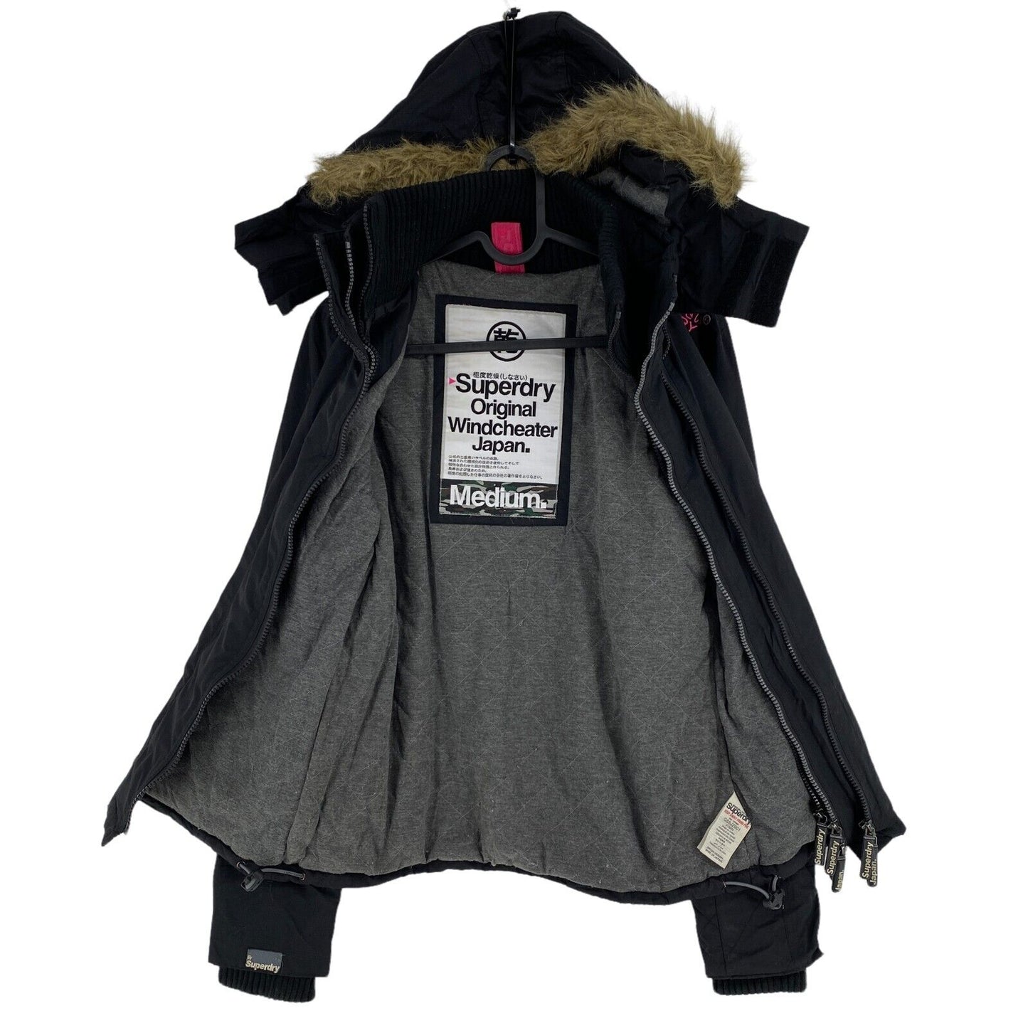 SUPERDRY Original Windcheater Veste à capuche noire Manteau Taille M