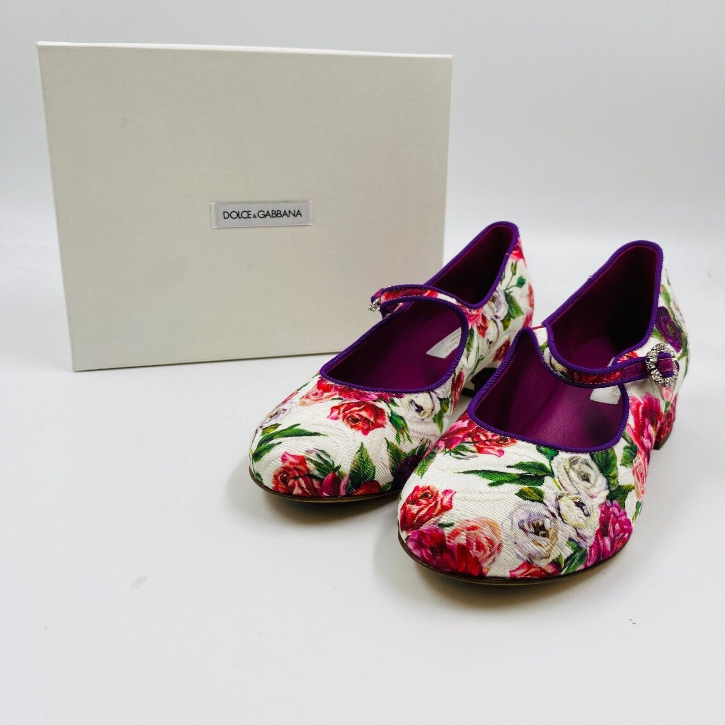 DOLCE&GABBANA Girls White Floral Leather Low Heel Pumps Shoes EU 33 UK 12.5