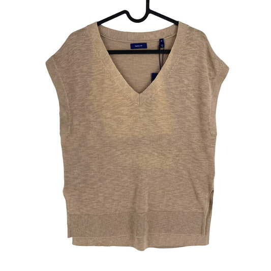 GANT Women Dark Beige Linen Blend V Neck Vest Jumper Size XS