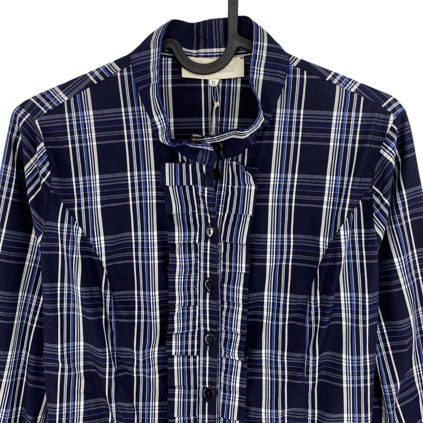 SEXY WOMAN Navy Blue Check Ruffle Long Sleeves Shirt Size S M