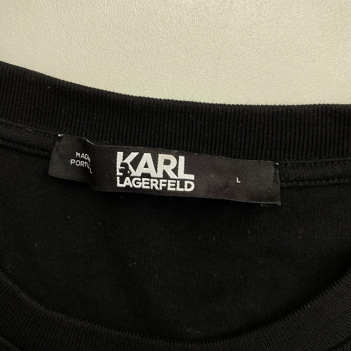 KARL LAGERFELD Schwarzes T-Shirt mit Rundhalsausschnitt und Flockdruck, Größe L