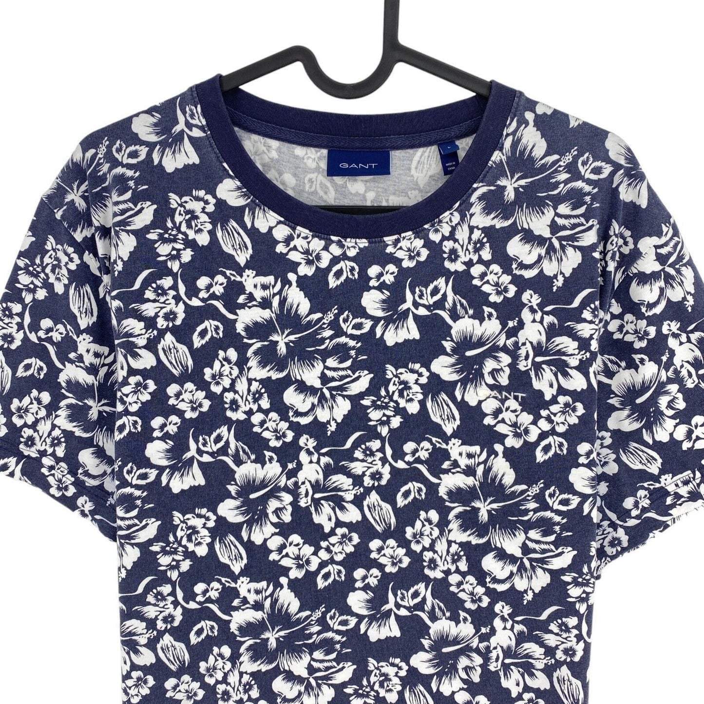 GANT Men Navy Blue Floral Print Crew Neck Short Sleeve T Shirt Size L