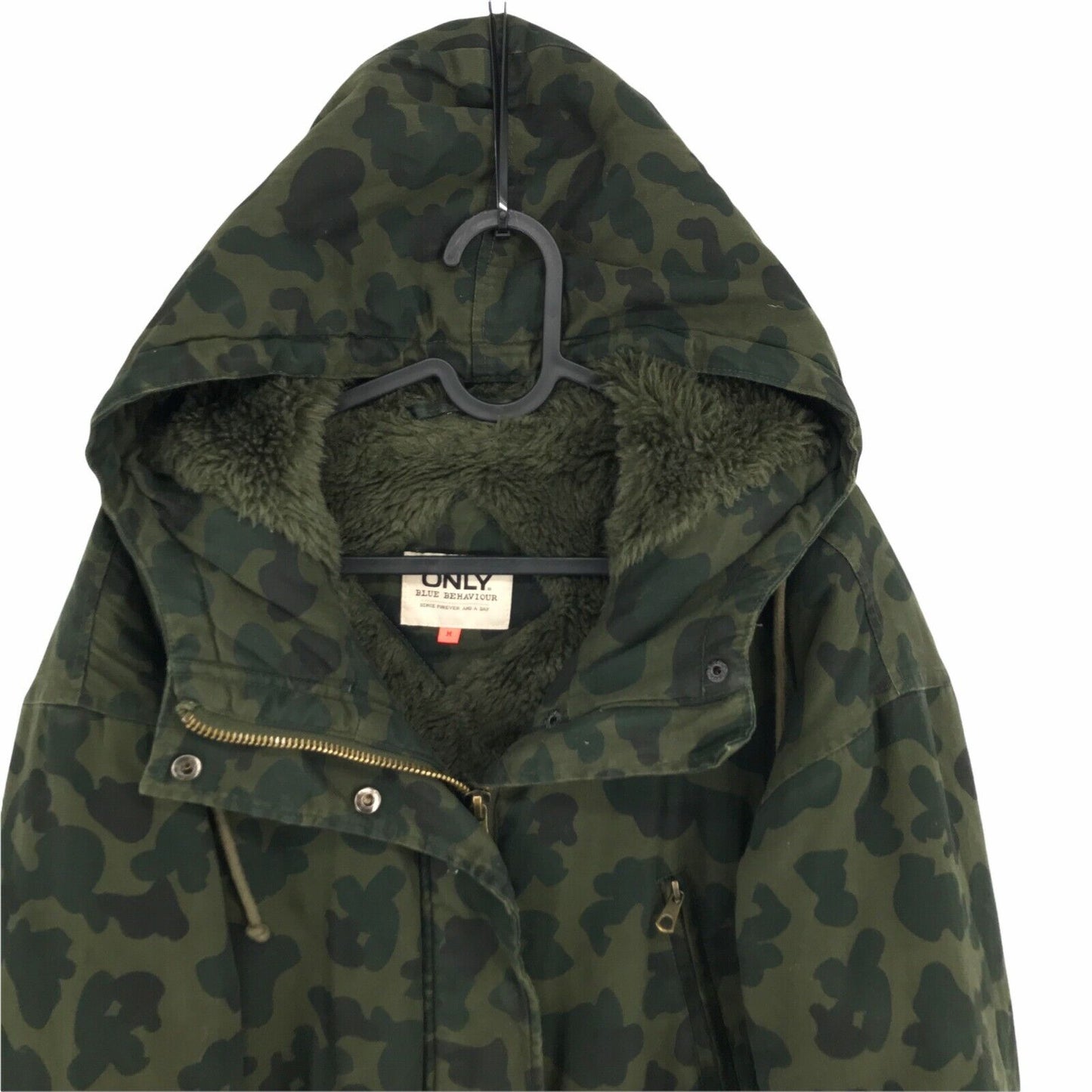 ONLY Dark Green Camouflage Hooded 100% Cotton Padded Jacket Coat Size M