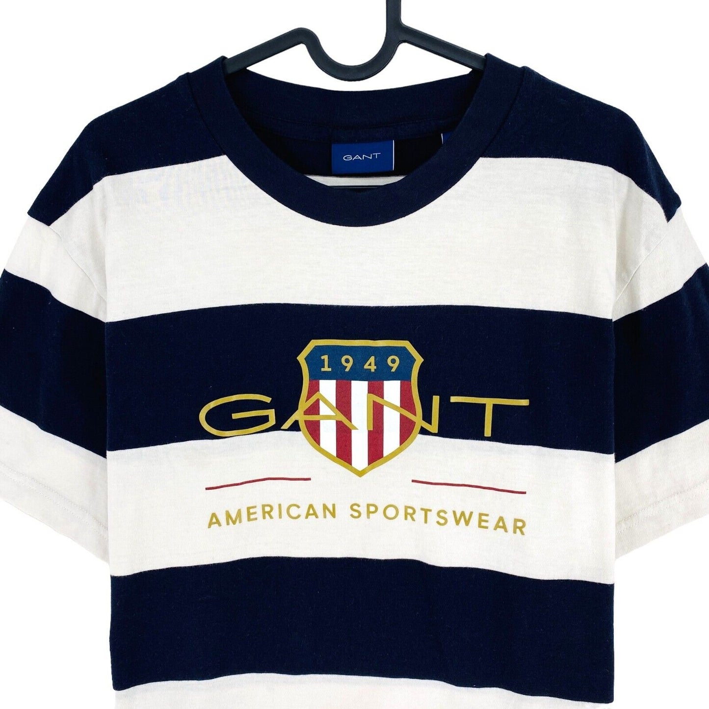 GANT Men White Striped Archive Shield Crew Neck Short Sleeves T Shirt Size L