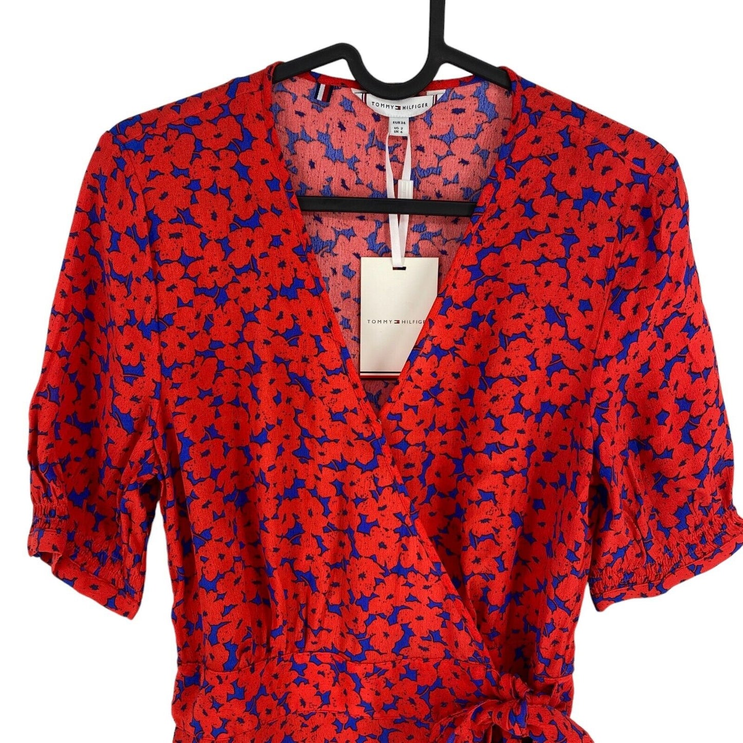 TOMMY HILFIGER Women Red Floral Crepe Wrap Knee SS Dress Size EU 34 UK 6 US 2