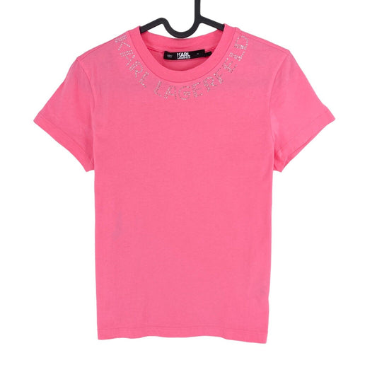 Karl Lagerfeld T-Shirt mit Rundhalsausschnitt und Strass-Logo, Größe XS, Rosa