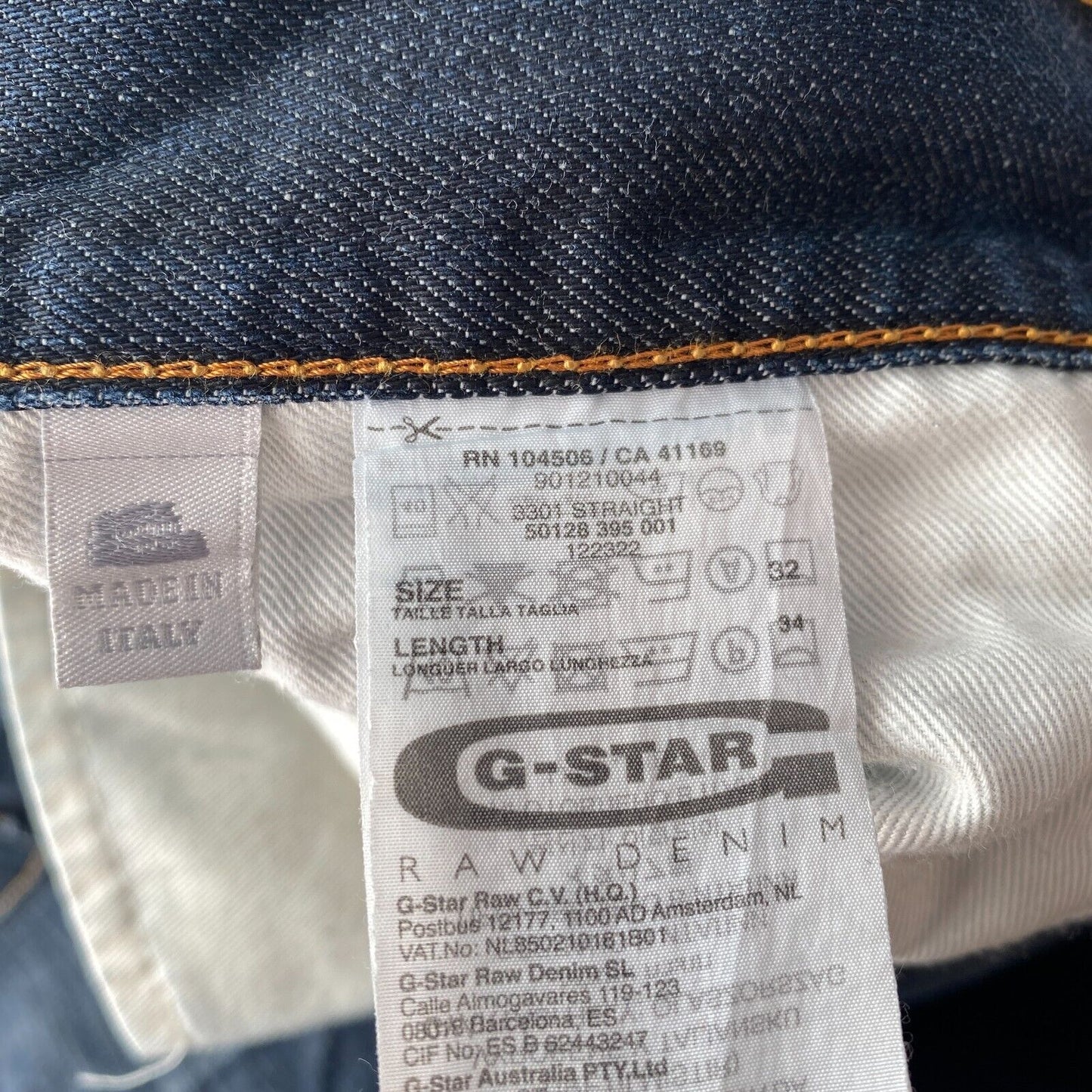 G-STAR 3301 Dark Blue Regular Straight Fit Jeans Size W32 L32 Made In Italy