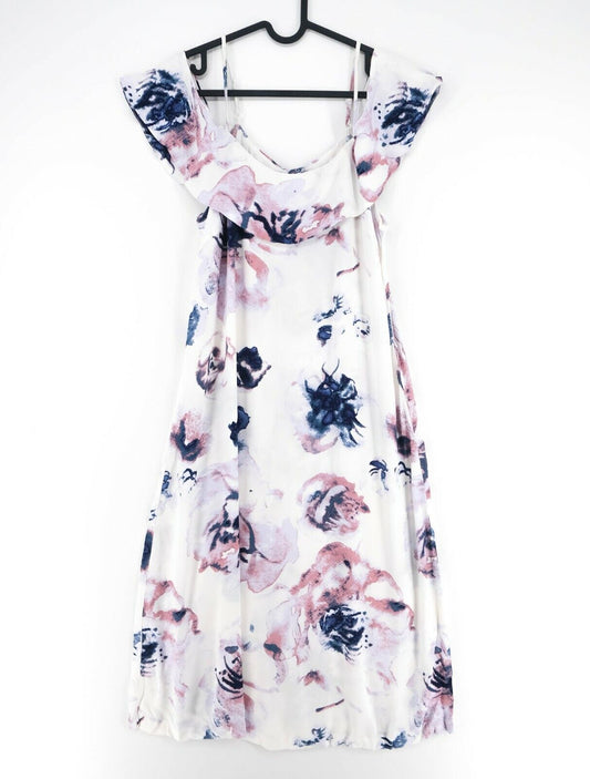 Minimum White Floral Print Crew Neck Off The Shoulder Dress Size 34