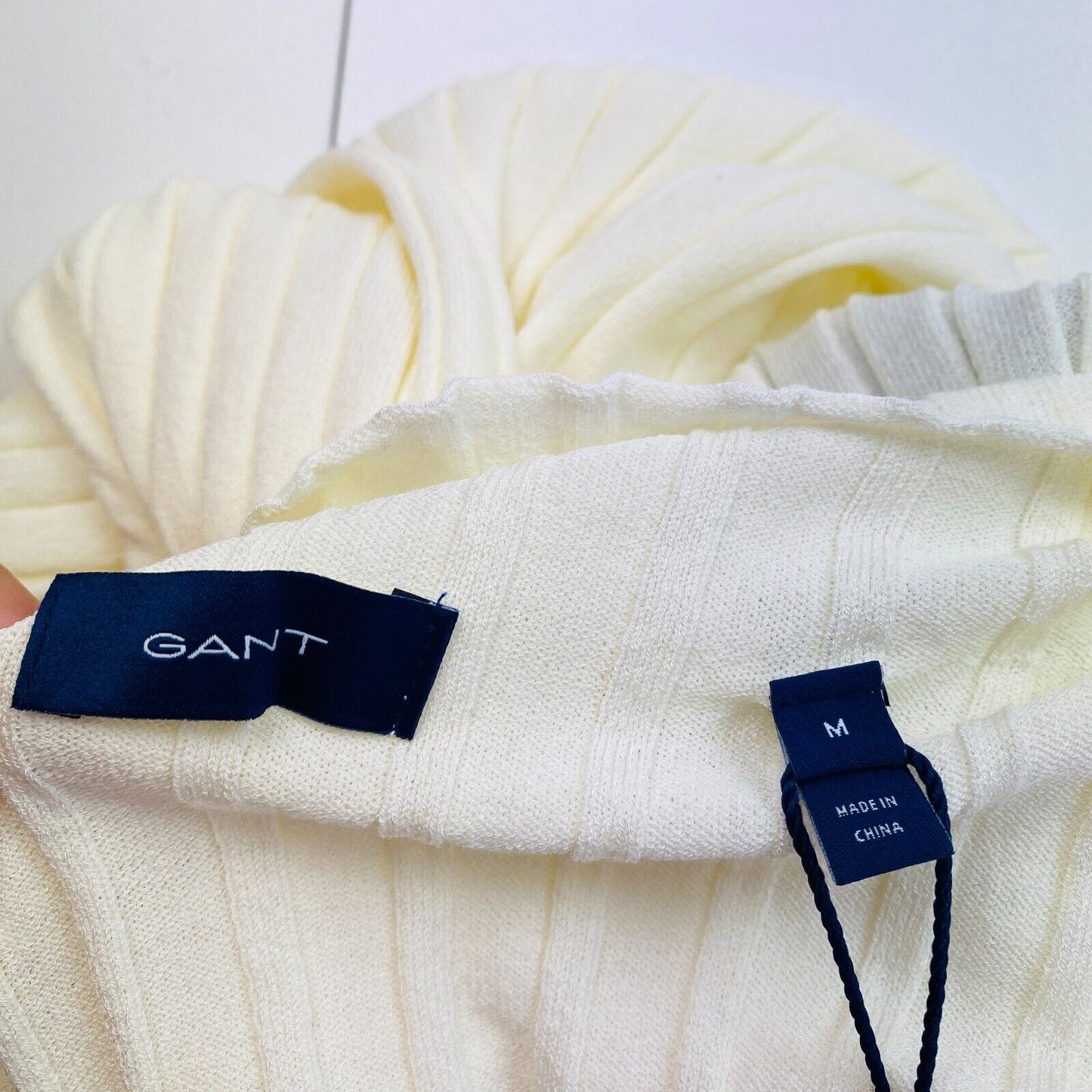 GANT Beige geripptes Strick-Oberteil mit langen Ärmeln, Größe M