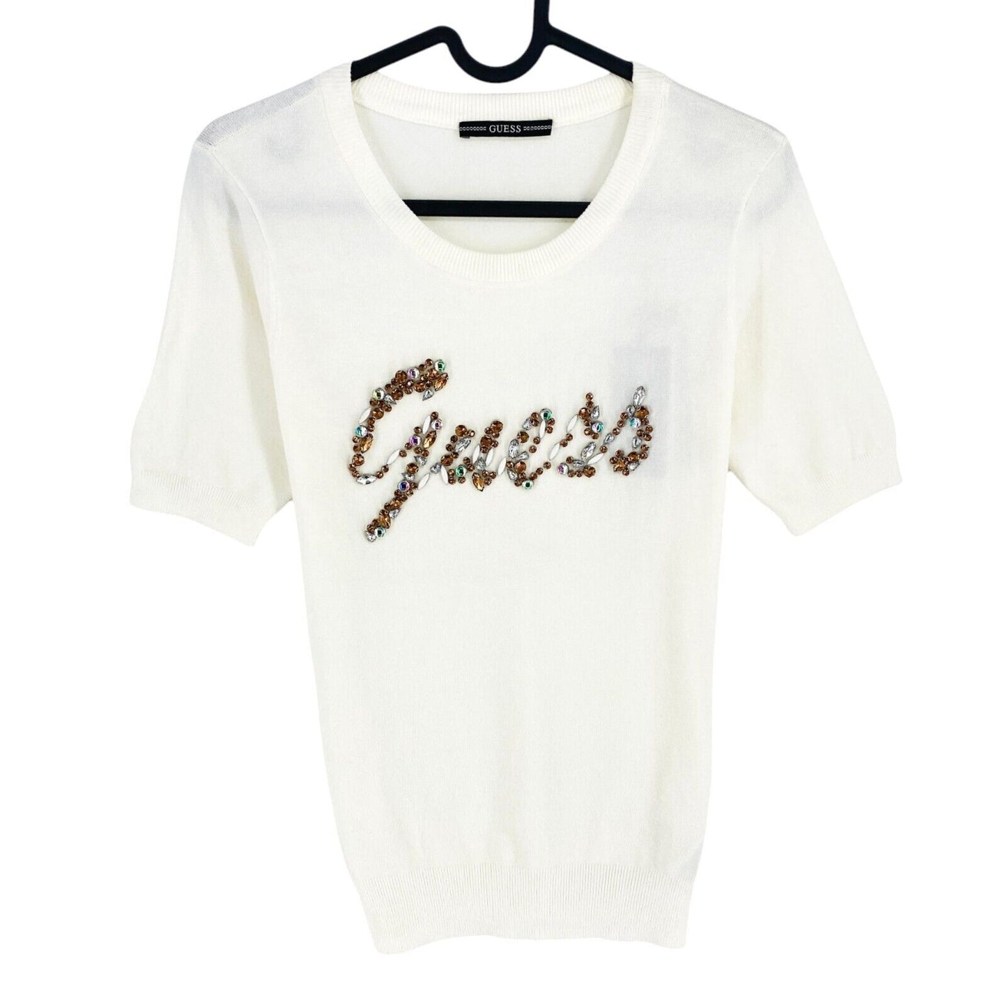 GUESS Women White Beaded Logo Crew Neck Short Sleeves T Shirt Size S