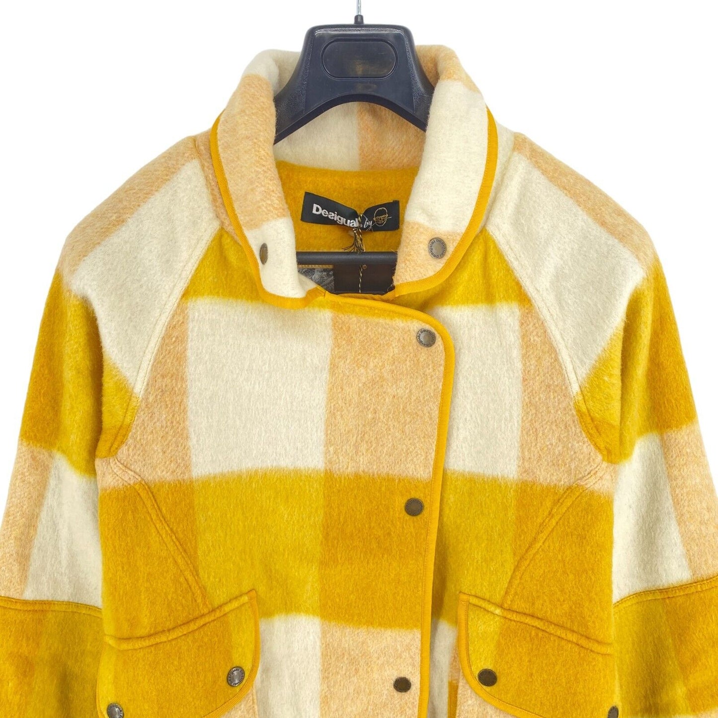 DESIGUAL Yellow Plaid Wool Blend Jadi Wanita Jacket Coat Size EU 46 UK 18 US 12