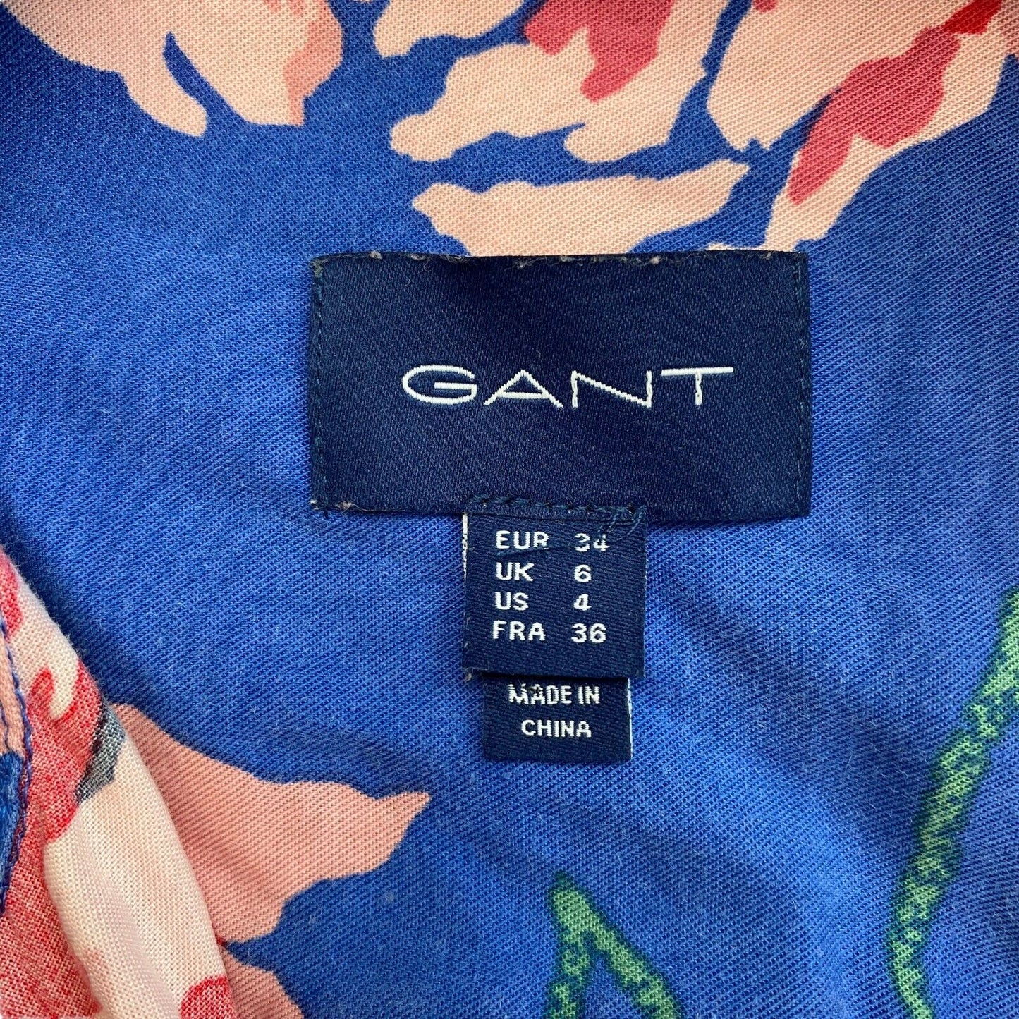 GANT Blaues Hemdkleid mit langen Ärmeln und Gürtel, Pfingstrosen, Größe EU 34, UK 6, US 4