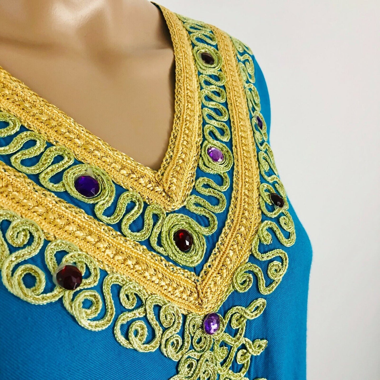 Unbranded Handgemachtes Kaftan-Kleid mit langer Tunika und Stickerei in Blau und Gold, Größe M