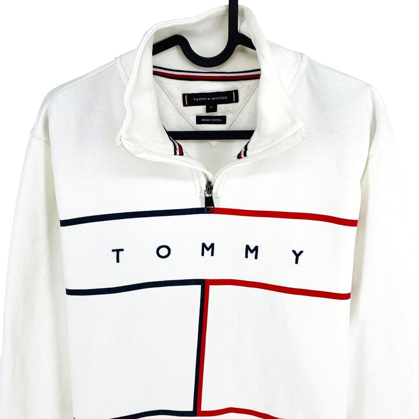 TOMMY HILFIGER White Large Flag Zip Mock Neck Sweater Jumper Size M