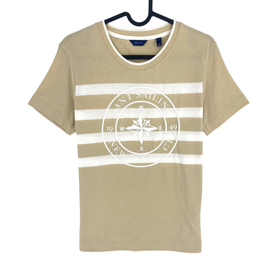 GANT Women Beige Printed Striped Crew Neck Short Sleeve T Shirt Size S