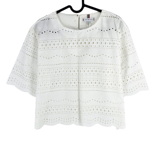 Tommy Hilfiger Women White Broderie Crew Neck Blouse Size EU 42 UK 14 US 10