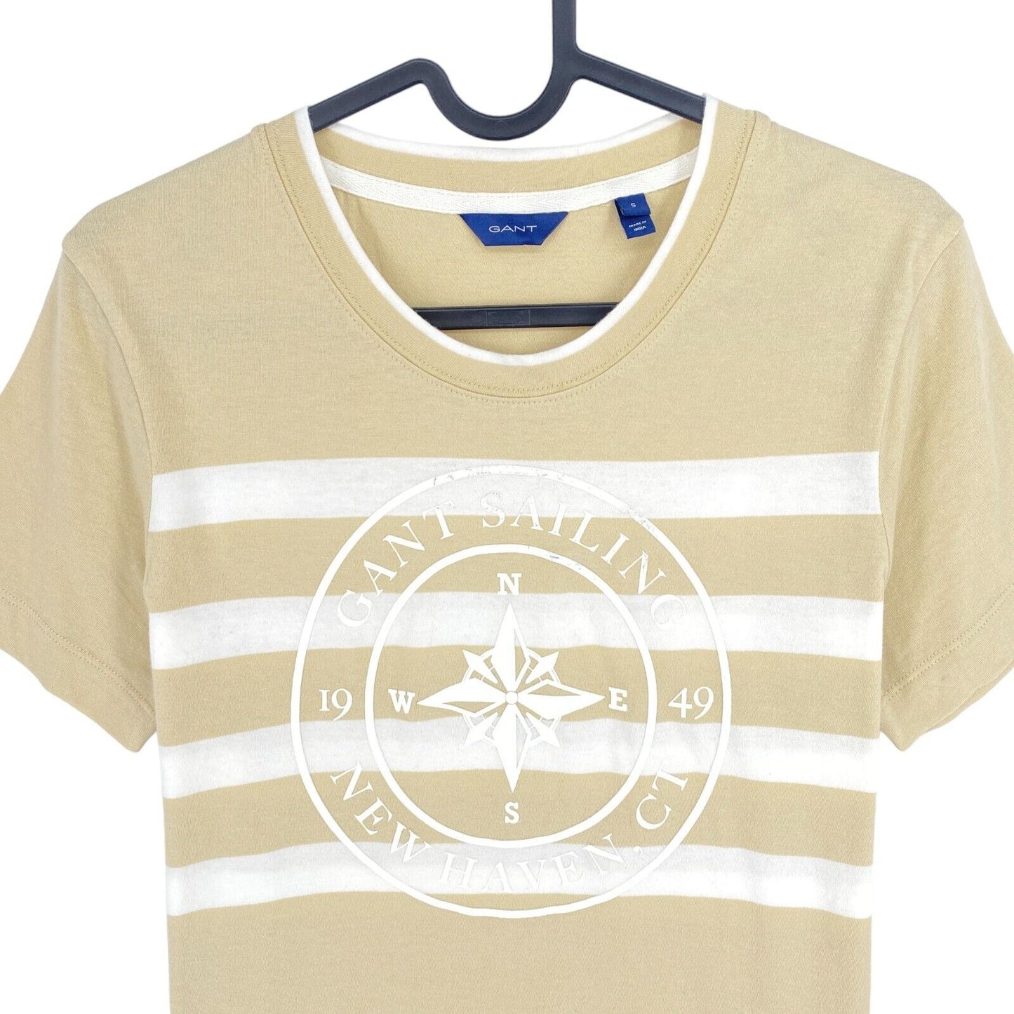 GANT Women Beige Striped Print Crew Neck SS T Shirt Size S