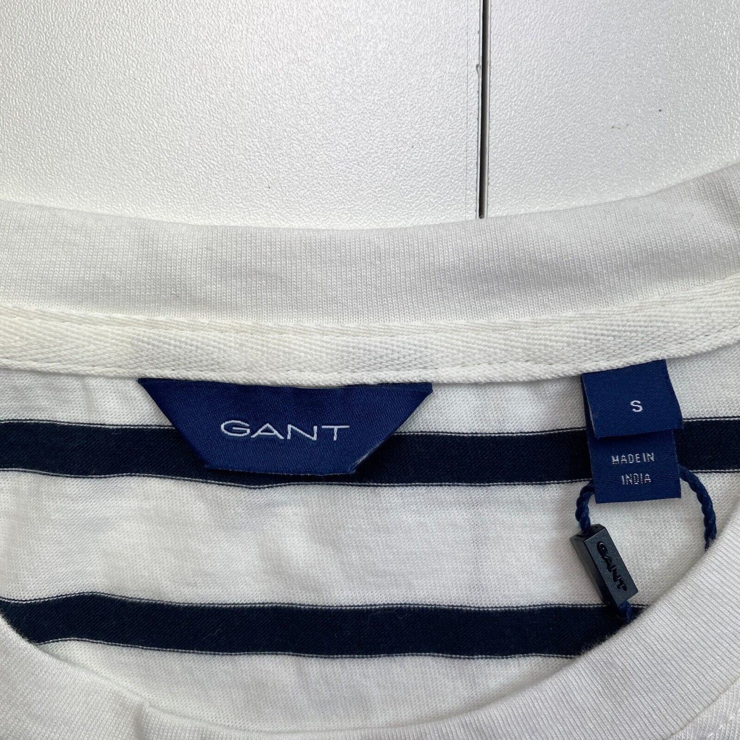 GANT Women Navy Blue Logo Striped Crew Neck Short Sleeve T Shirt Size S