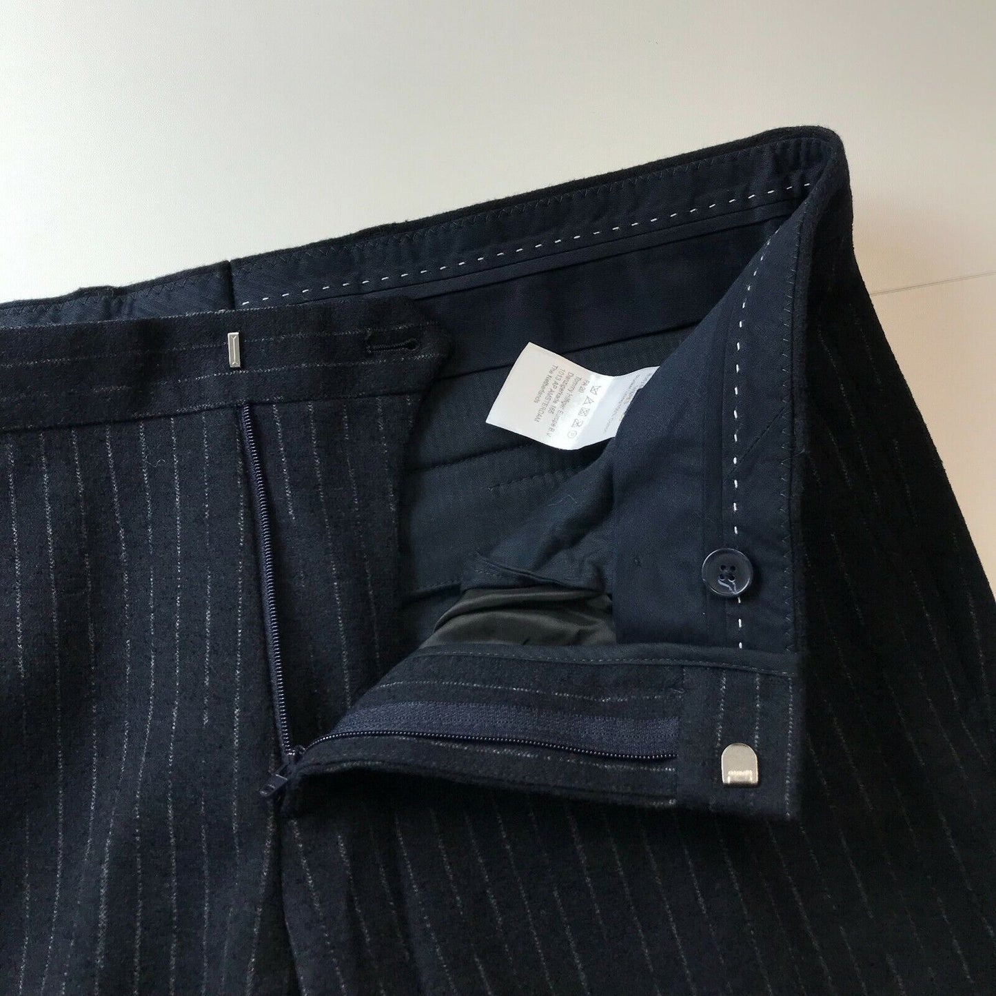 Tommy Hilfiger Navy Blue Slim Fit Wool Blend Striped Trousers Size 50 W35