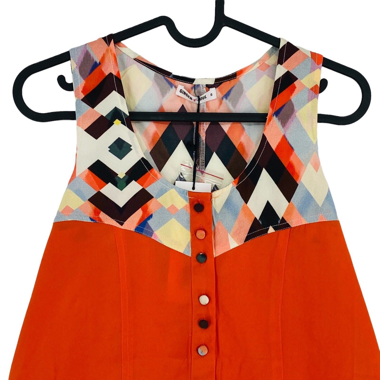 GINGER SOUL Géométrique Orange Sans Manches Col Rond Top Blouse Taille S