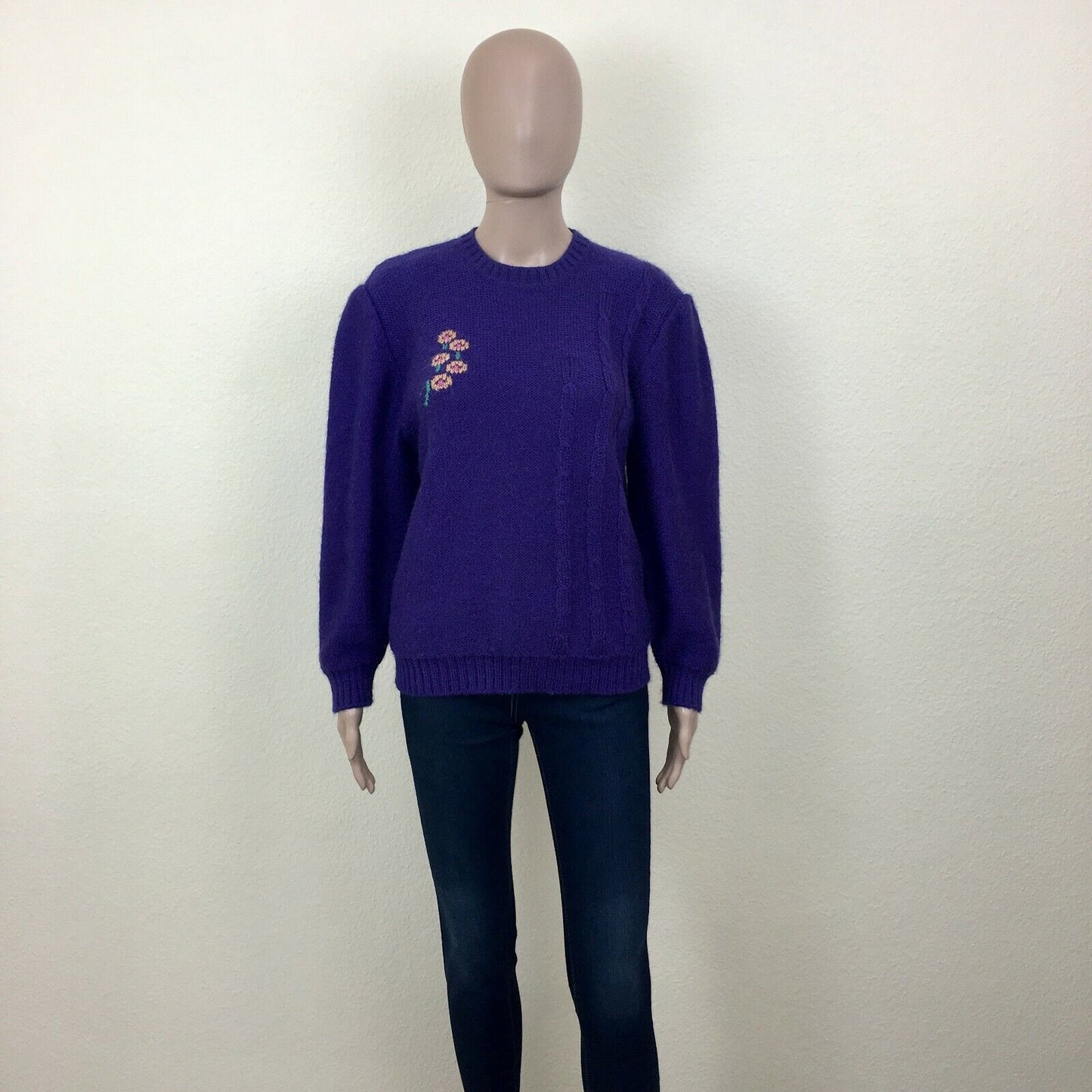 vintage Rétro années 80 90 Violet Fluffy Chunky Sweater Jumper EUR 38 US 8 UK 10