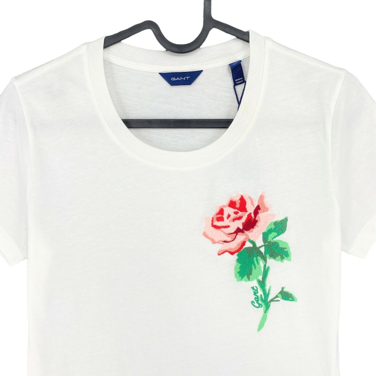 GANT T-Shirt mit Rundhalsausschnitt und Blumenstickerei, Größe XS, weiß