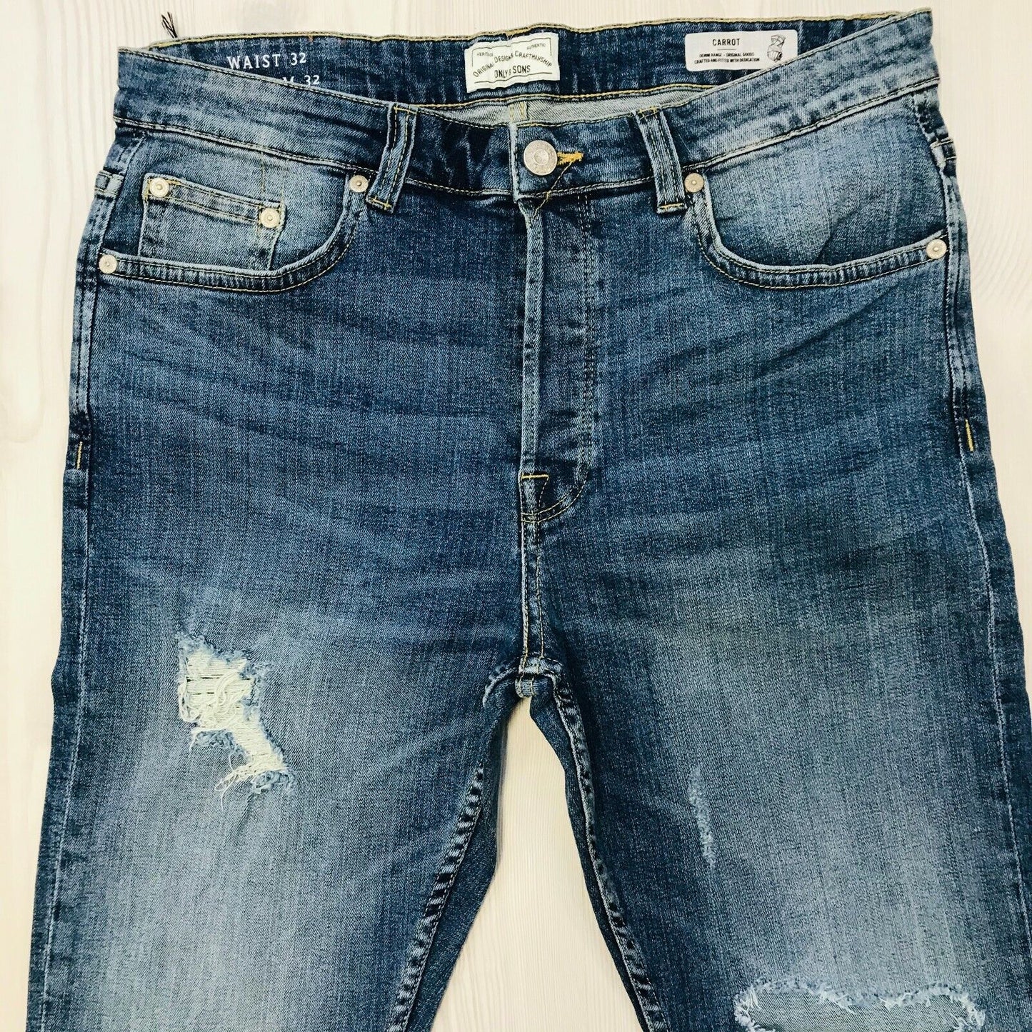 ONLY &amp; SONS Herren Jeans CARROT Fit Slim Fit Blau Zerrissen Größe W32 L32