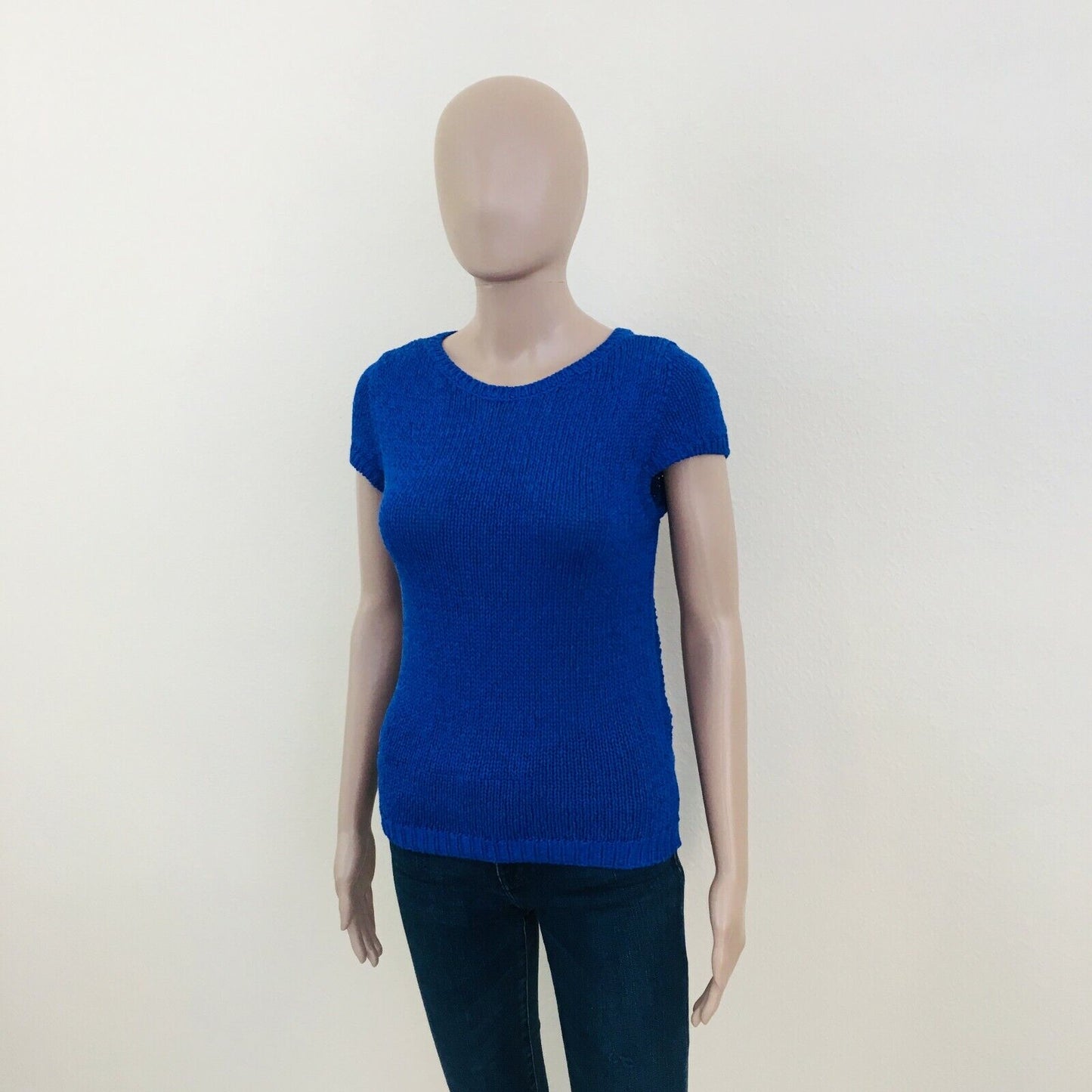 ZARA Blue Round Neck Cotton Knit T Shirt Top Jumper Size S