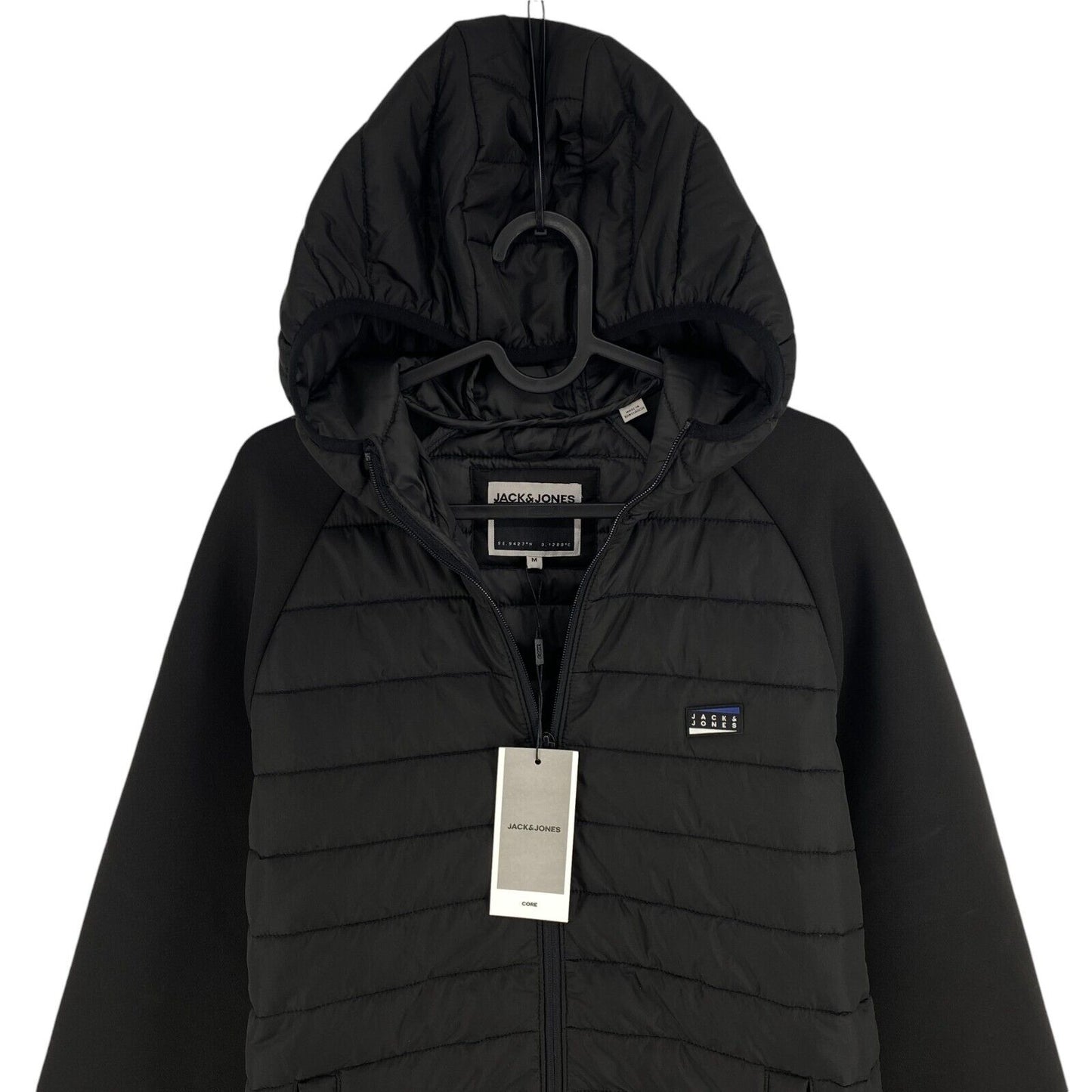 JACK&JONES Men Black Quilted Hooded Jacket Coat Size M