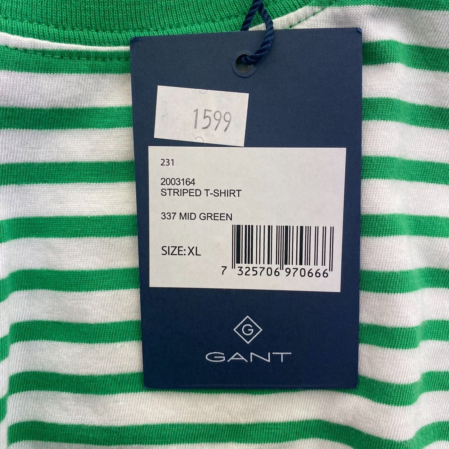 GANT Men Green Striped Crew Neck Short Sleeves T Shirt Size XL