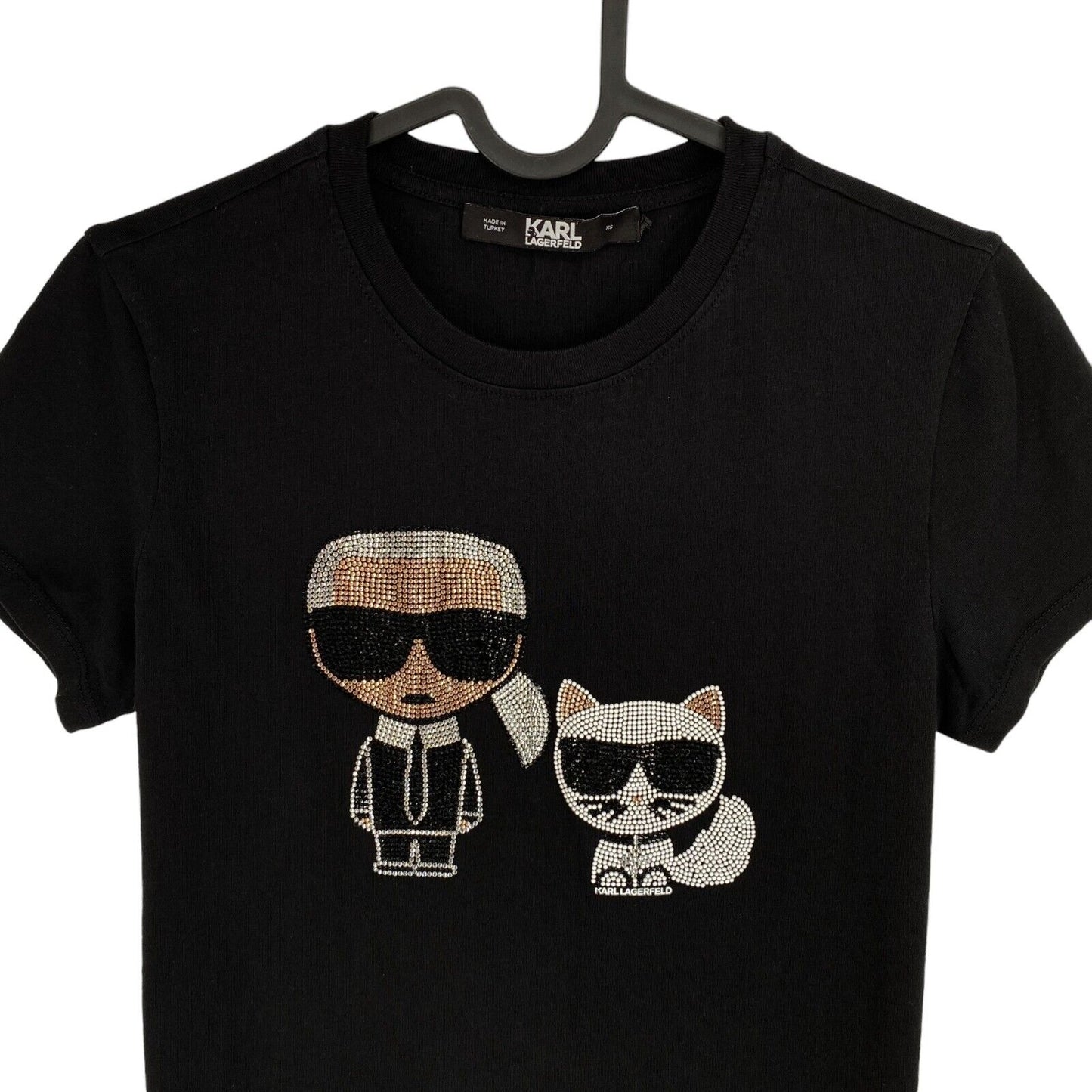 Karl Lagerfeld Women Black Ikonik Rhinestone Couple Crew Neck T Shirt Size XS